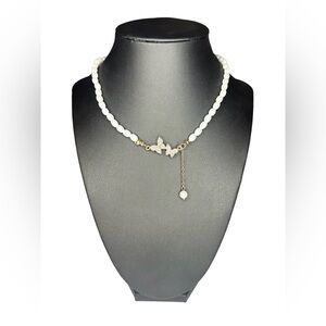 Faux pearl with gold color butterfly necklace